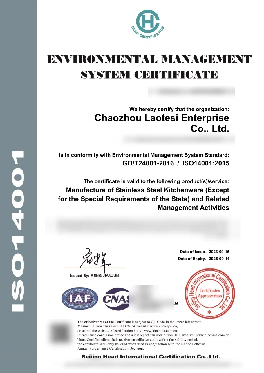 Redacted ISO 14001 environmental management certificate